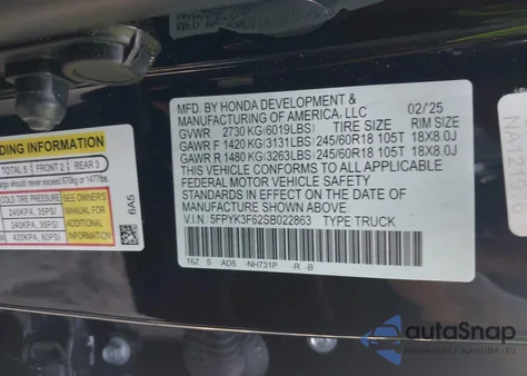 2025 Honda Ridgeline Trailsport from USA, damaged, VIN 5FPYK3F62SB022863